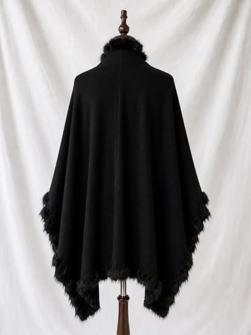 Chico's Black Faux Fur Trim Cashmere Blend Cocoon Wrap Pom Pom EUC OS